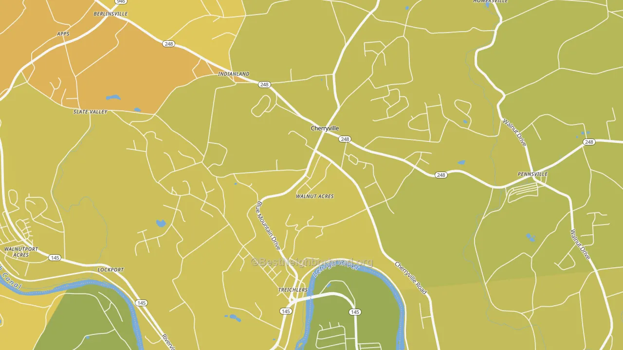 Map of the best neighborhoods in the 18035 area, with better matches in green and worse matches in red
