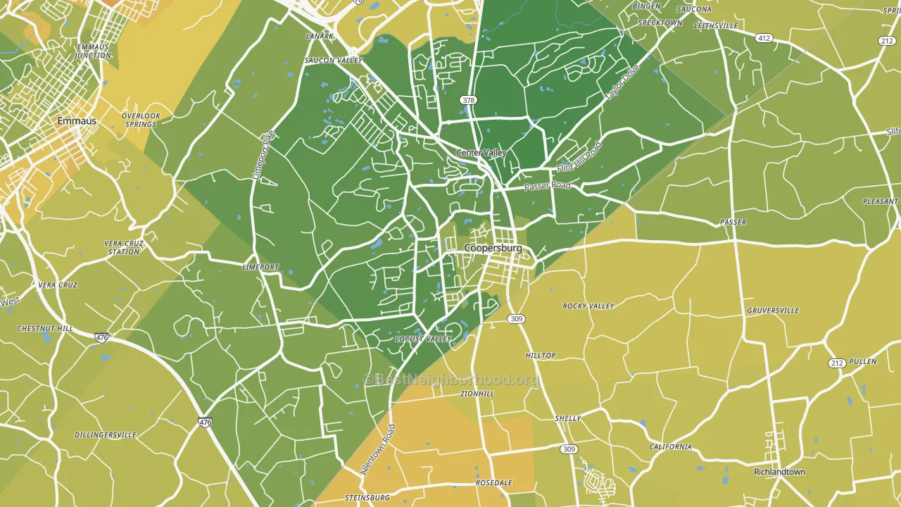 Map of the best neighborhoods in the 18036 area, with better matches in green and worse matches in red