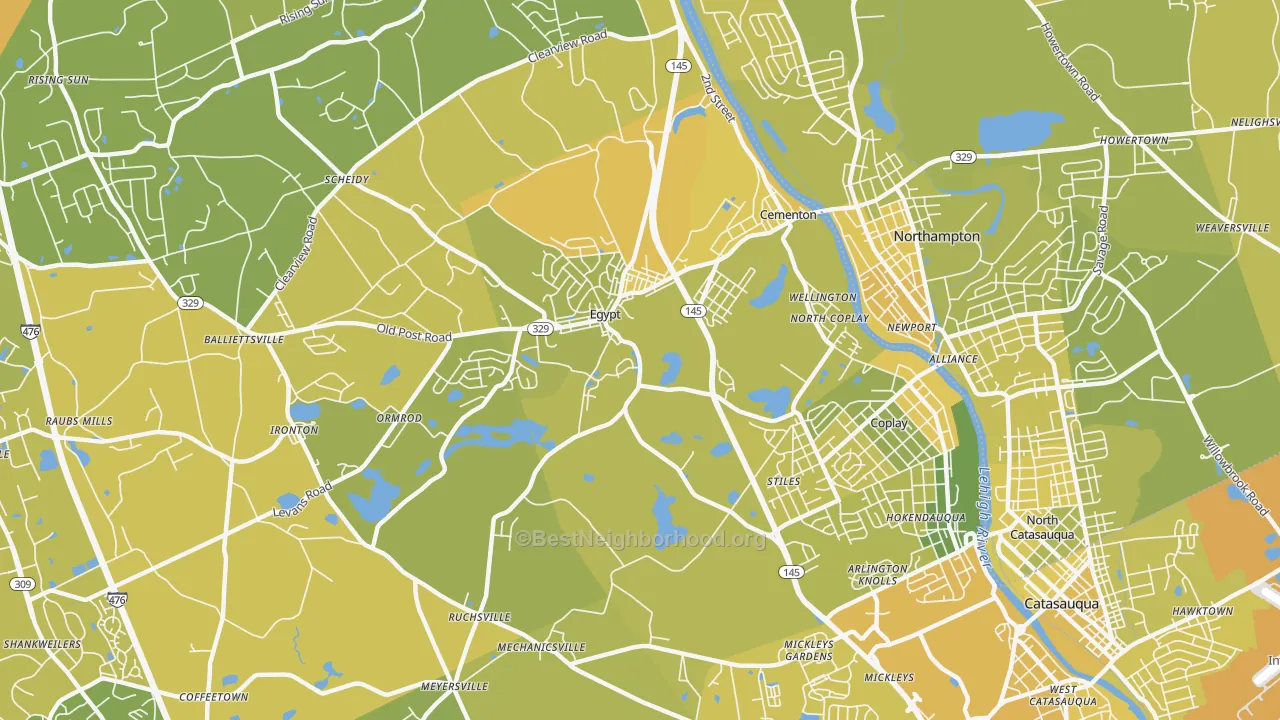 Map of the best neighborhoods in the 18037 area, with better matches in green and worse matches in red
