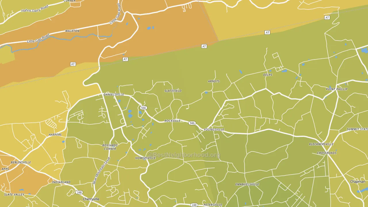 Map of the best neighborhoods in the 18038 area, with better matches in green and worse matches in red