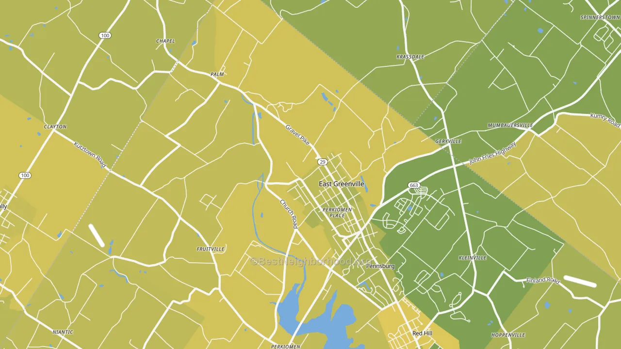 Map of the best neighborhoods in the 18041 area, with better matches in green and worse matches in red