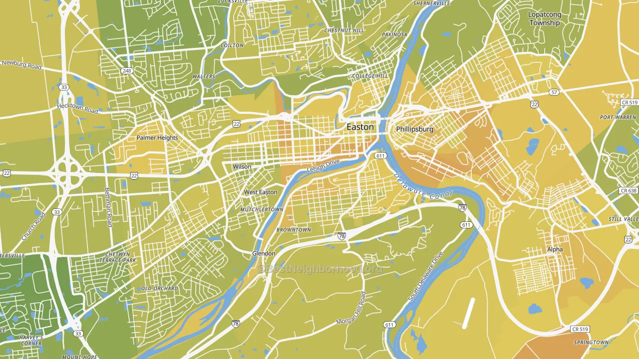 Map of the best neighborhoods in the 18042 area, with better matches in green and worse matches in red