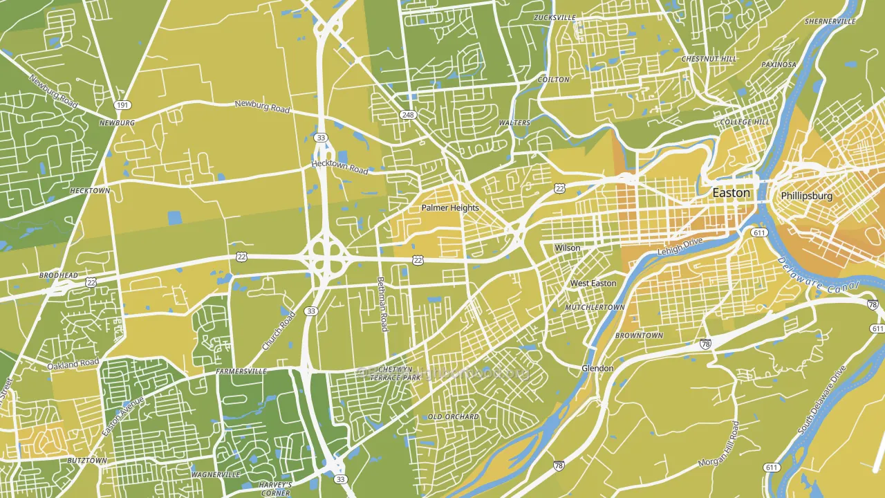 Map of the best neighborhoods in the 18045 area, with better matches in green and worse matches in red