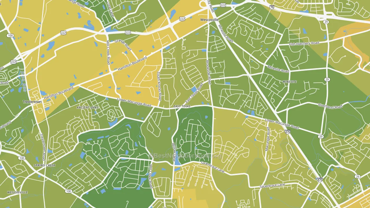 Map of the best neighborhoods in the 18046 area, with better matches in green and worse matches in red