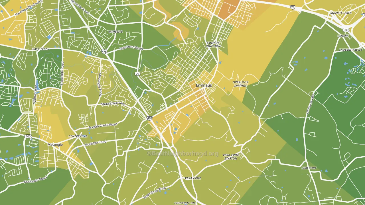 Map of the best neighborhoods in the 18049 area, with better matches in green and worse matches in red
