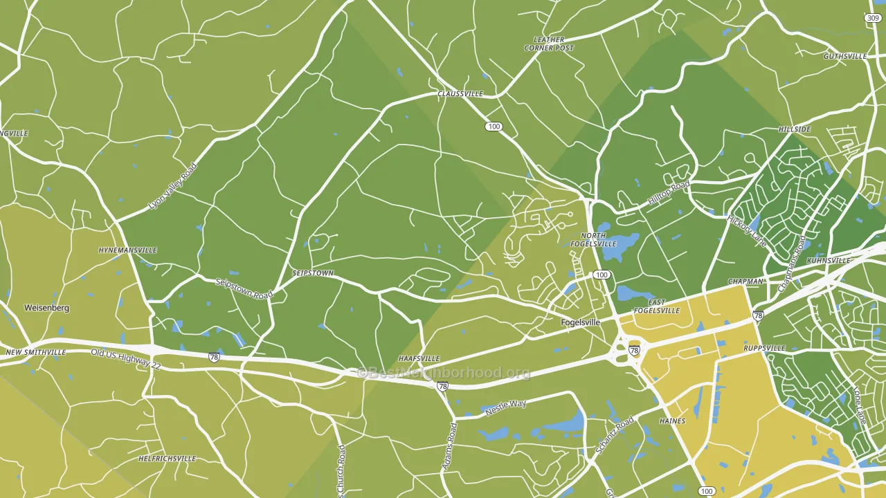 Map of the best neighborhoods in the 18051 area, with better matches in green and worse matches in red