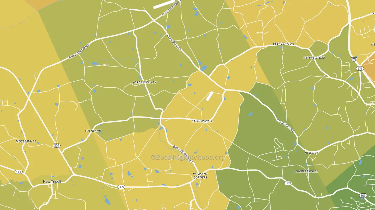 Map of the best neighborhoods in the 18053 area, with better matches in green and worse matches in red