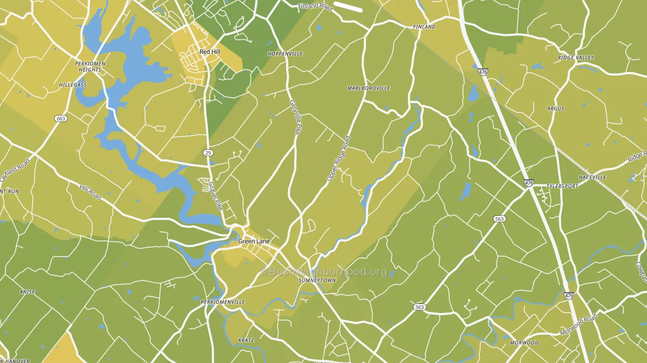 Map of the best neighborhoods in the 18054 area, with better matches in green and worse matches in red