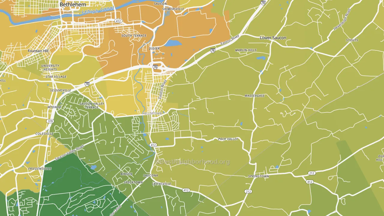 Map of the best neighborhoods in the 18055 area, with better matches in green and worse matches in red