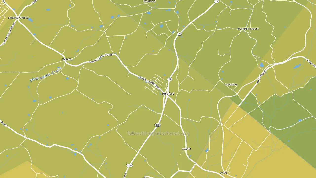 Map of the best neighborhoods in the 18056 area, with better matches in green and worse matches in red