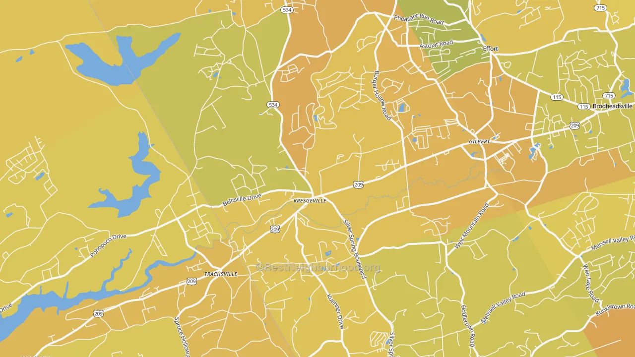 Map of the best neighborhoods in the 18058 area, with better matches in green and worse matches in red