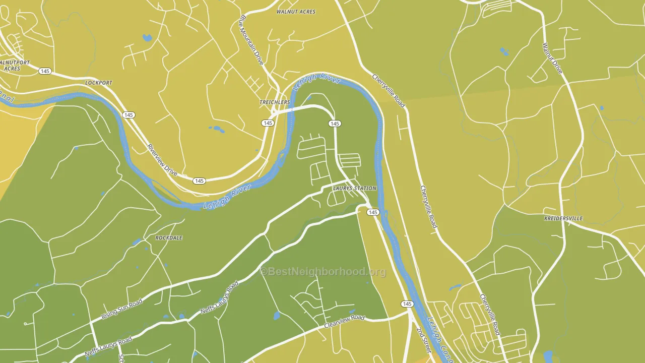 Map of the best neighborhoods in the 18059 area, with better matches in green and worse matches in red