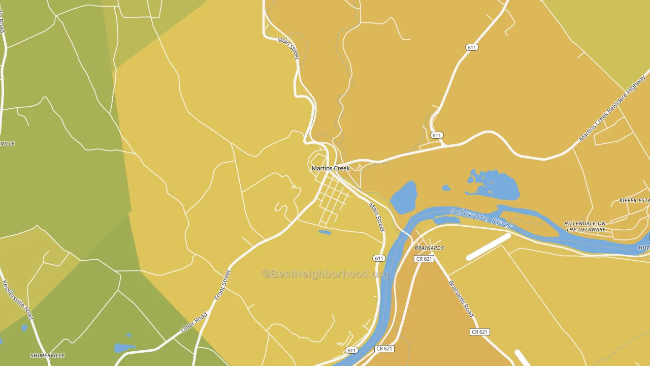 Map of the best neighborhoods in the 18063 area, with better matches in green and worse matches in red