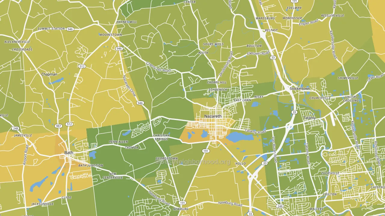Map of the best neighborhoods in the 18064 area, with better matches in green and worse matches in red