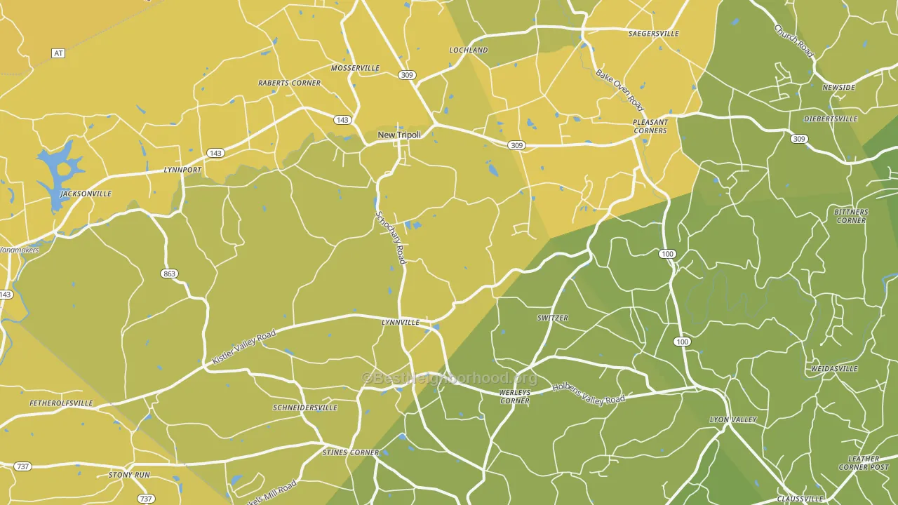 Map of the best neighborhoods in the 18066 area, with better matches in green and worse matches in red