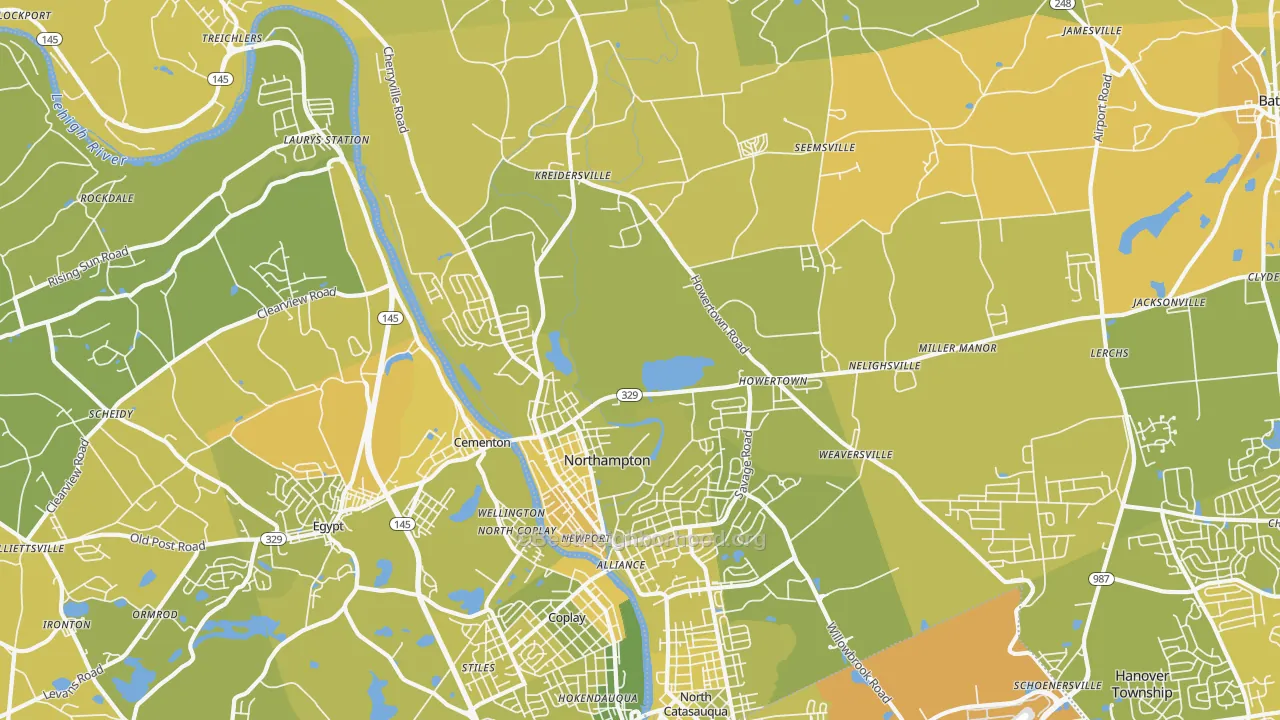 Map of the best neighborhoods in the 18067 area, with better matches in green and worse matches in red