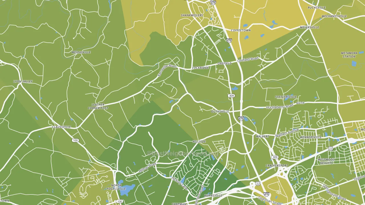 Map of the best neighborhoods in the 18069 area, with better matches in green and worse matches in red