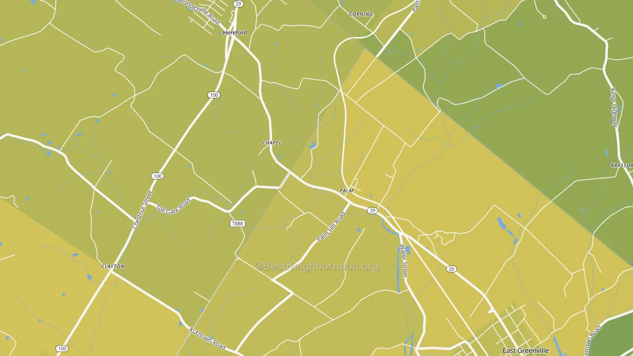 Map of the best neighborhoods in the 18070 area, with better matches in green and worse matches in red