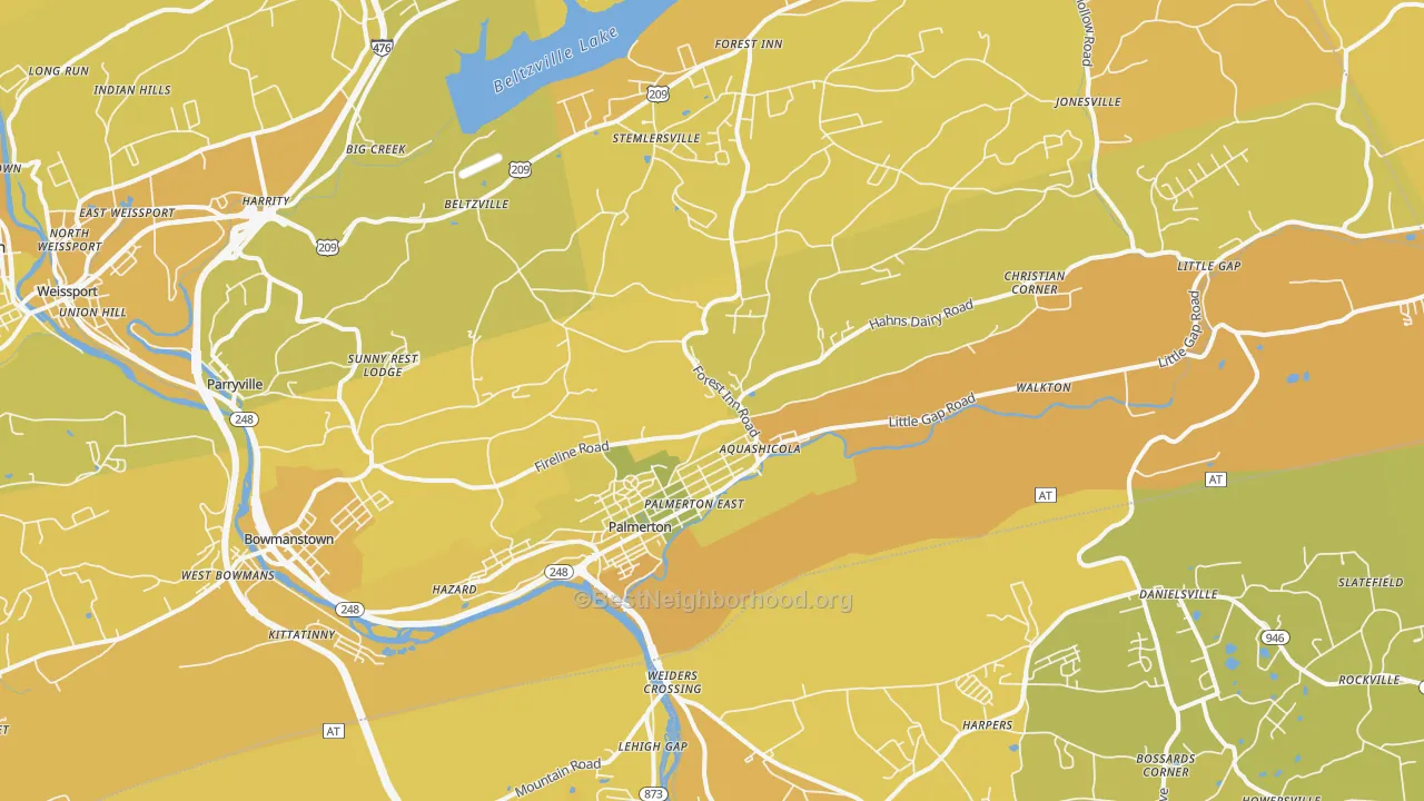 Map of the best neighborhoods in the 18071 area, with better matches in green and worse matches in red