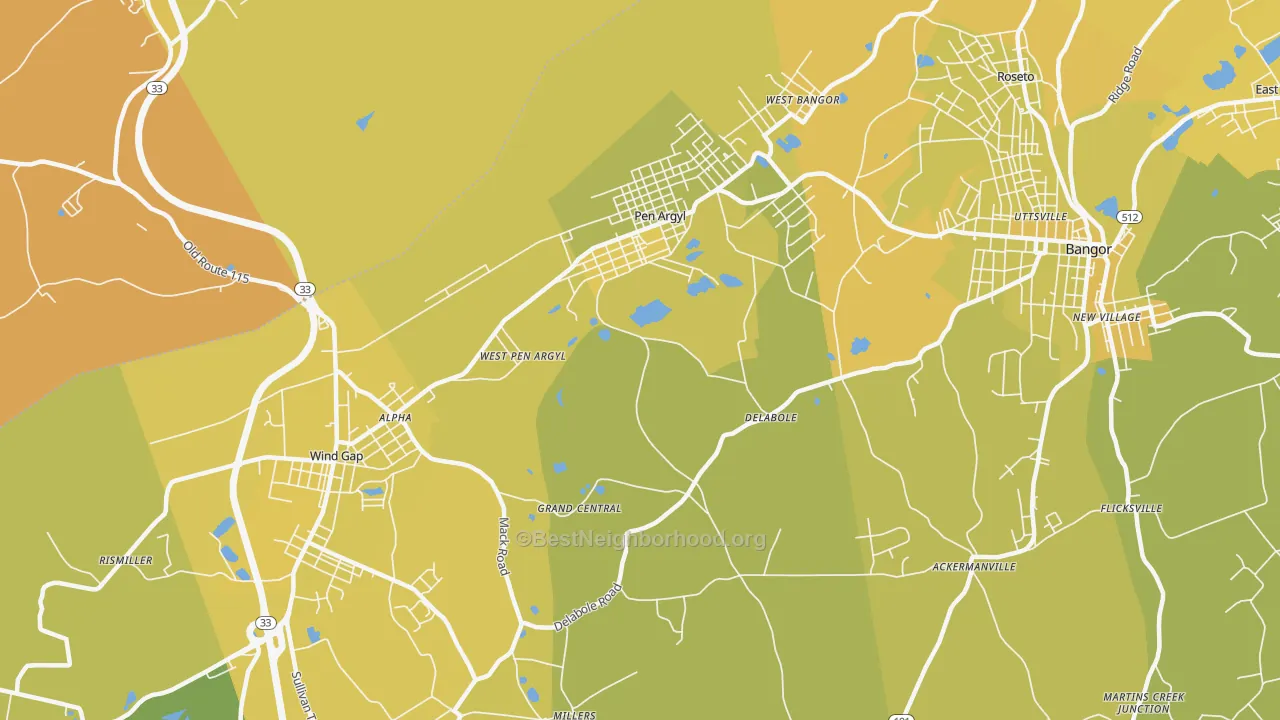 Map of the best neighborhoods in the 18072 area, with better matches in green and worse matches in red
