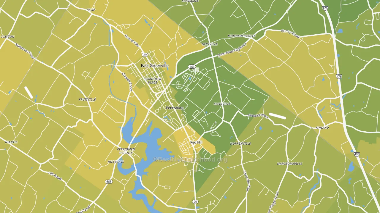 Map of the best neighborhoods in the 18073 area, with better matches in green and worse matches in red