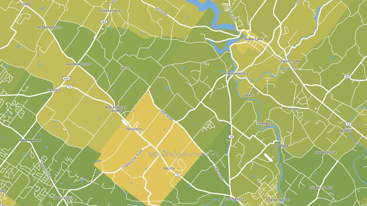 Map of the best neighborhoods in the 18074 area, with better matches in green and worse matches in red