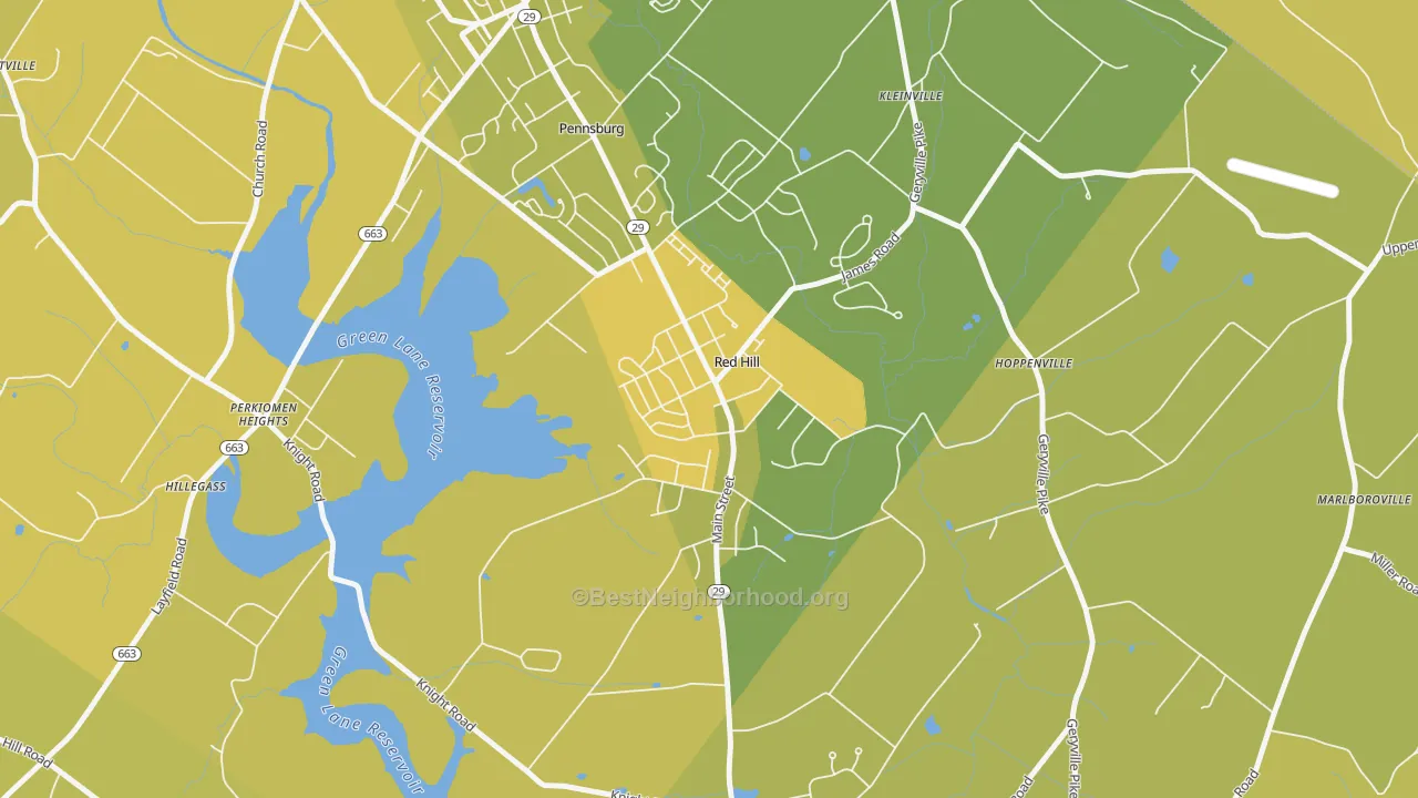 Map of the best neighborhoods in the 18076 area, with better matches in green and worse matches in red