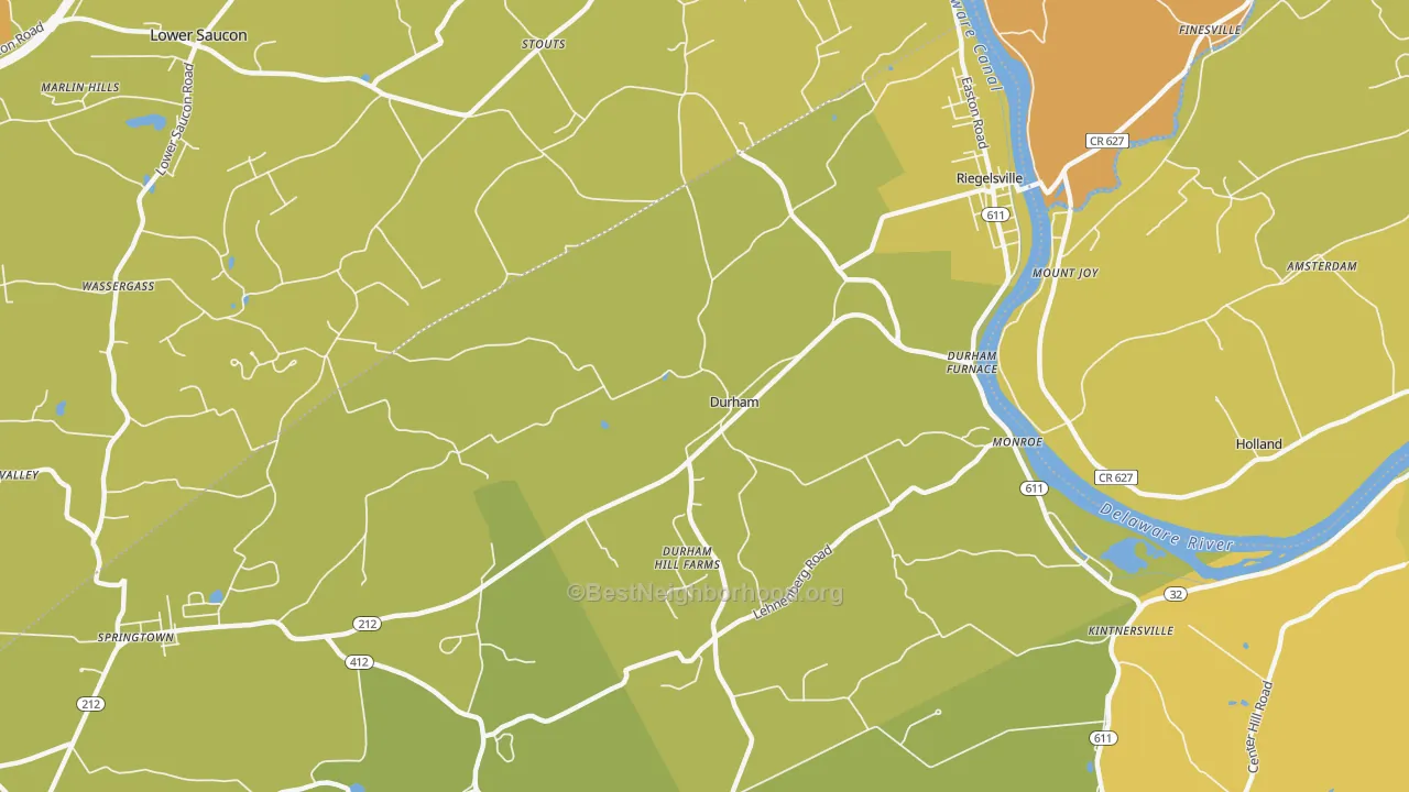 Map of the best neighborhoods in the 18077 area, with better matches in green and worse matches in red