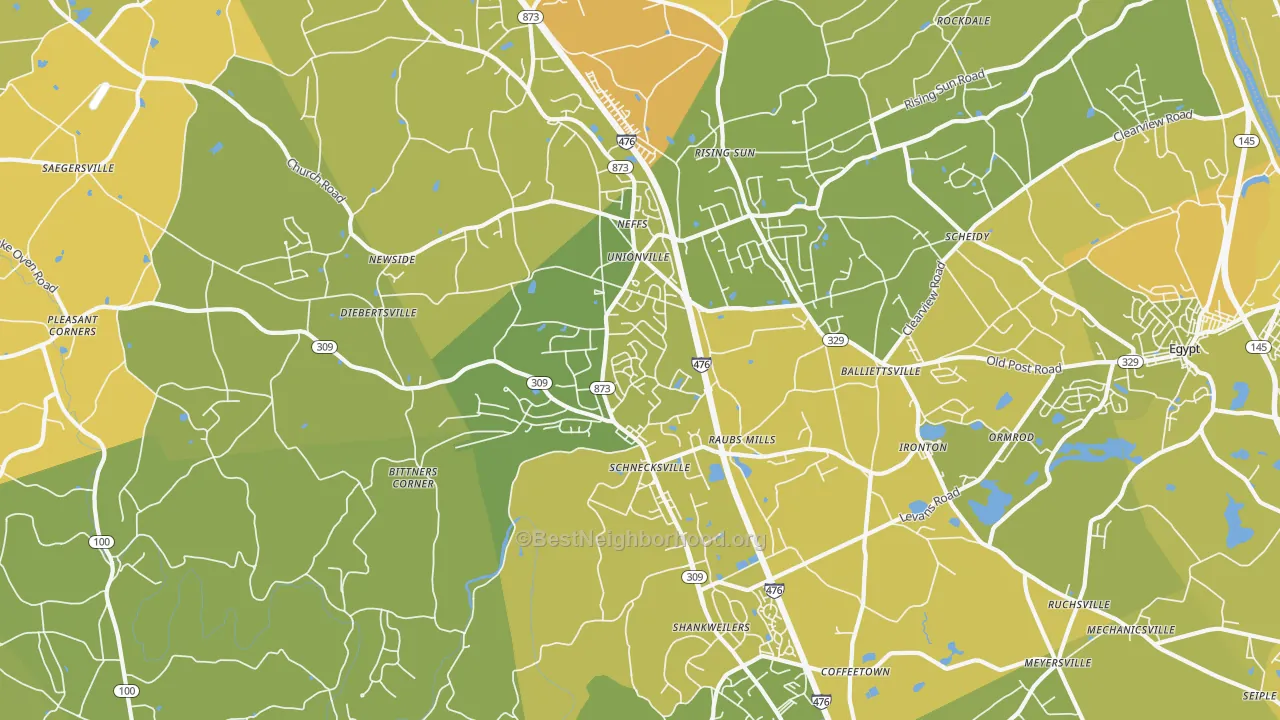 Map of the best neighborhoods in the 18078 area, with better matches in green and worse matches in red