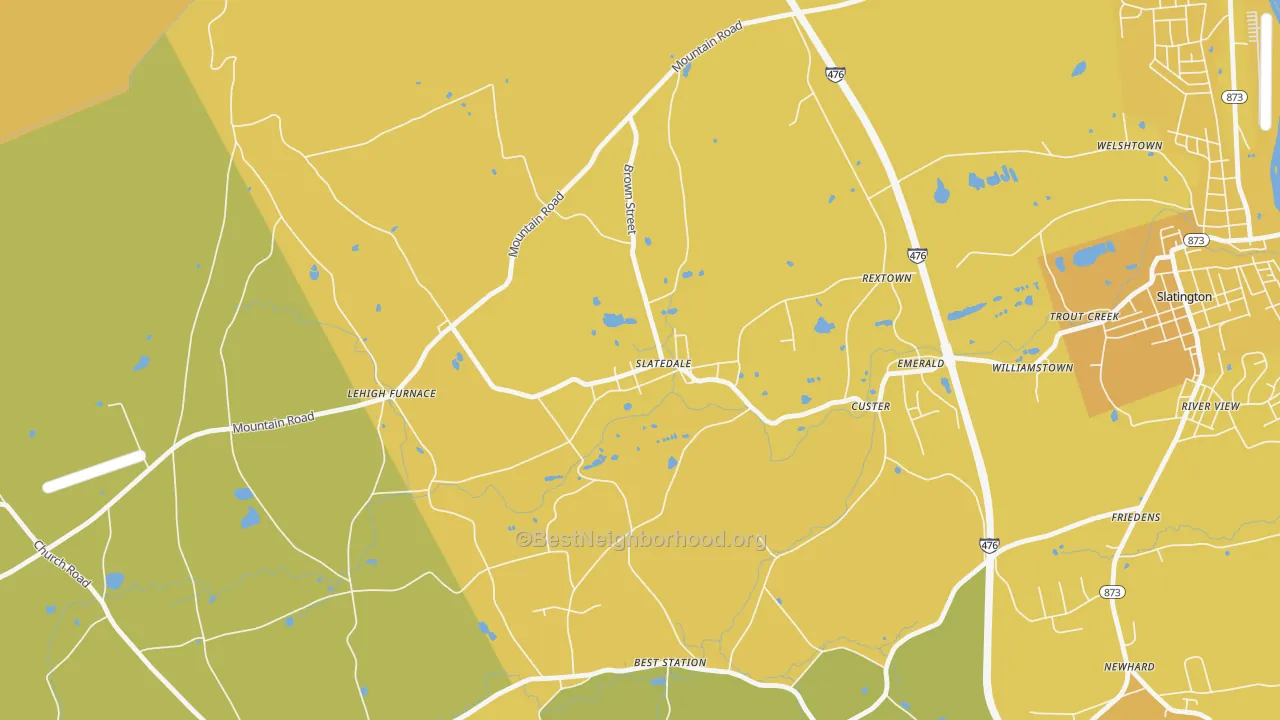 Map of the best neighborhoods in the 18079 area, with better matches in green and worse matches in red