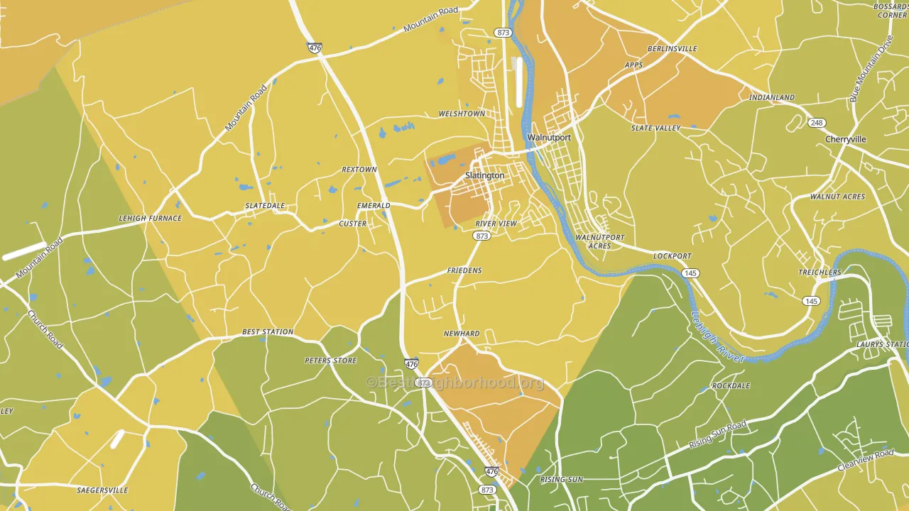 Map of the best neighborhoods in the 18080 area, with better matches in green and worse matches in red