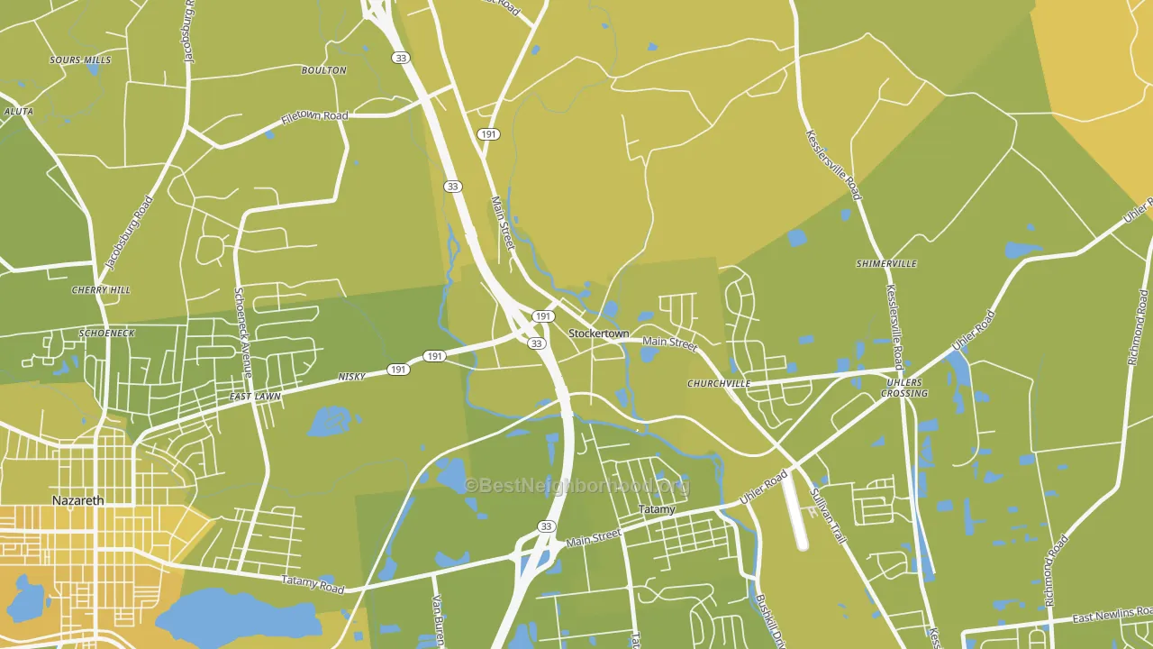 Map of the best neighborhoods in the 18083 area, with better matches in green and worse matches in red