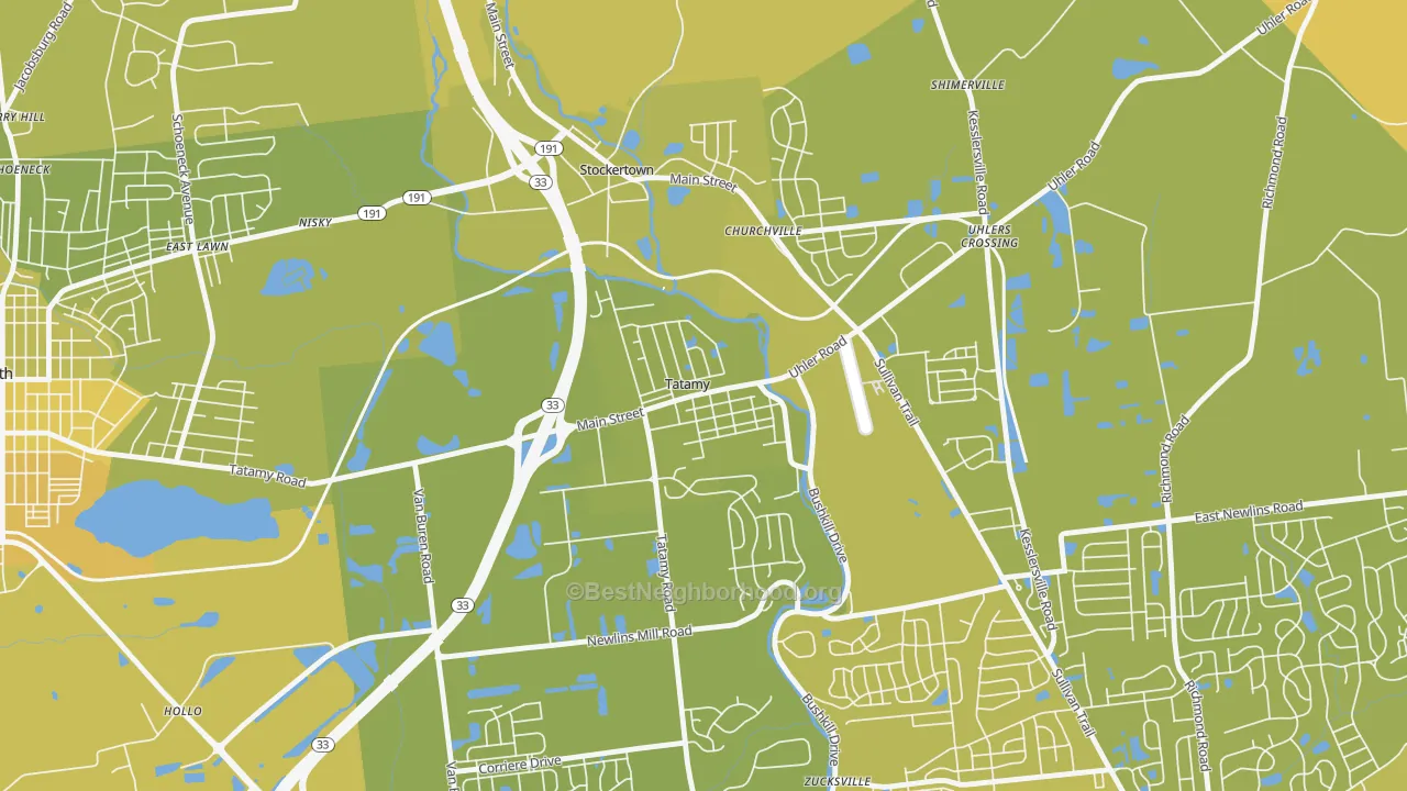 Map of the best neighborhoods in the 18085 area, with better matches in green and worse matches in red