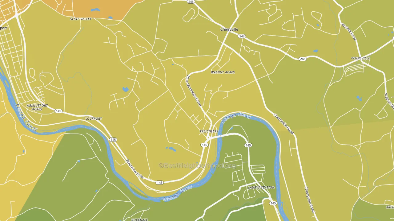 Map of the best neighborhoods in the 18086 area, with better matches in green and worse matches in red