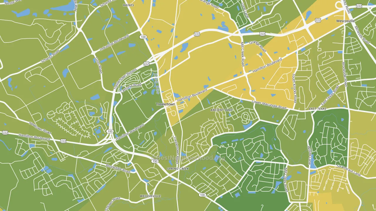 Map of the best neighborhoods in the 18087 area, with better matches in green and worse matches in red