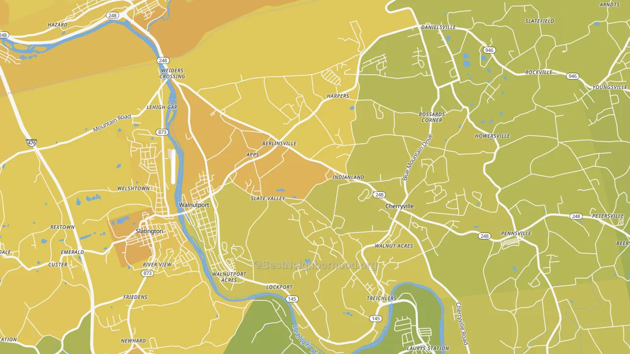 Map of the best neighborhoods in the 18088 area, with better matches in green and worse matches in red