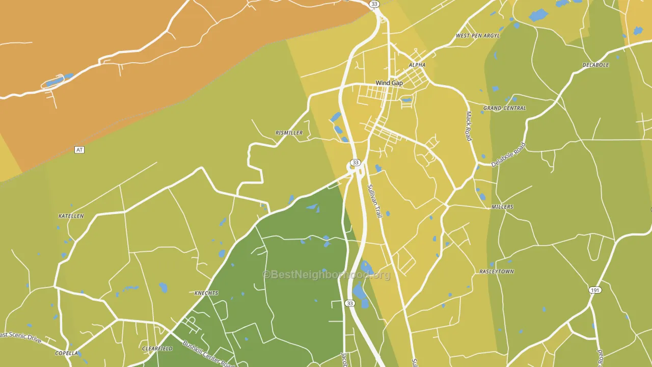 Map of the best neighborhoods in the 18091 area, with better matches in green and worse matches in red