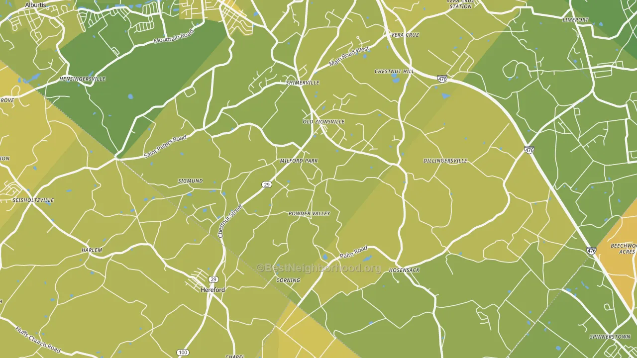 Map of the best neighborhoods in the 18092 area, with better matches in green and worse matches in red