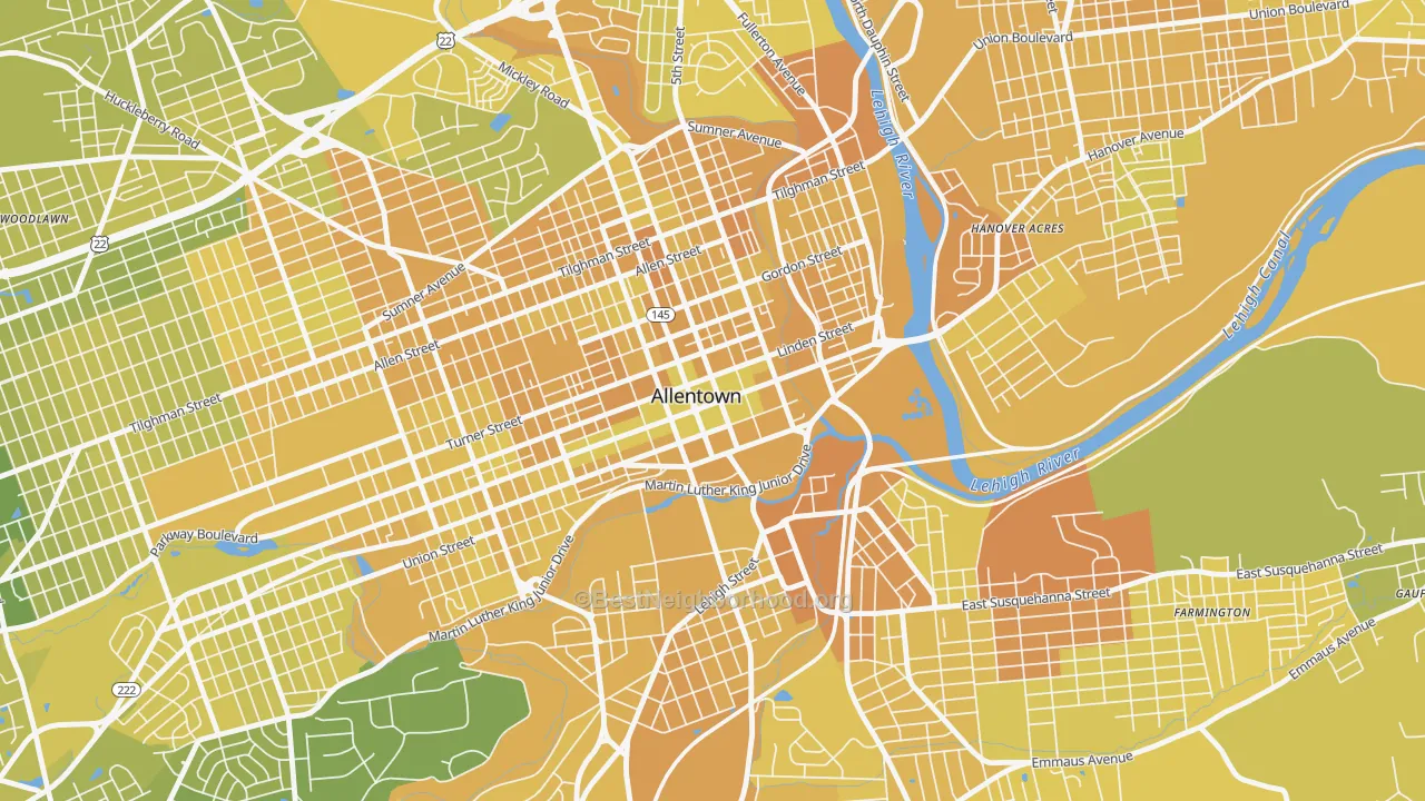 Map of the best neighborhoods in the 18101 area, with better matches in green and worse matches in red