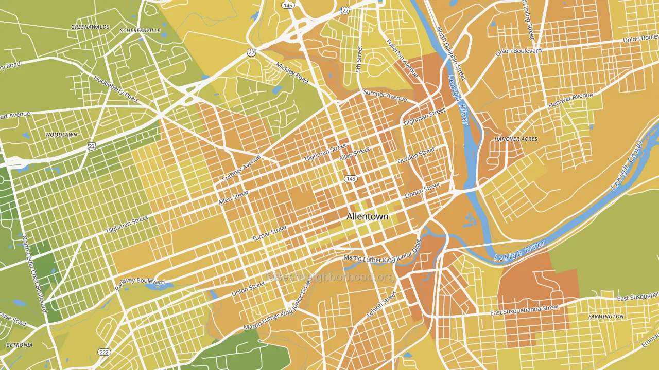Map of the best neighborhoods in the 18102 area, with better matches in green and worse matches in red