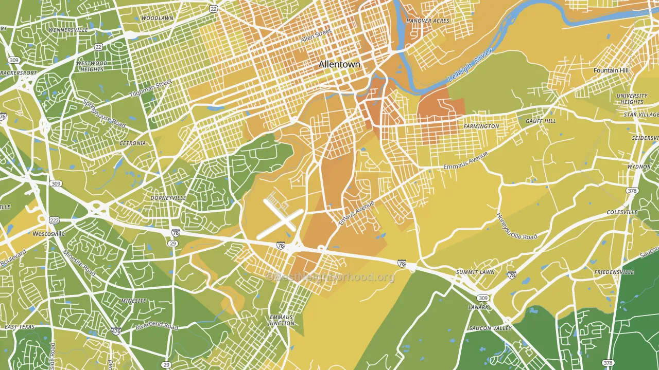 Map of the best neighborhoods in the 18103 area, with better matches in green and worse matches in red