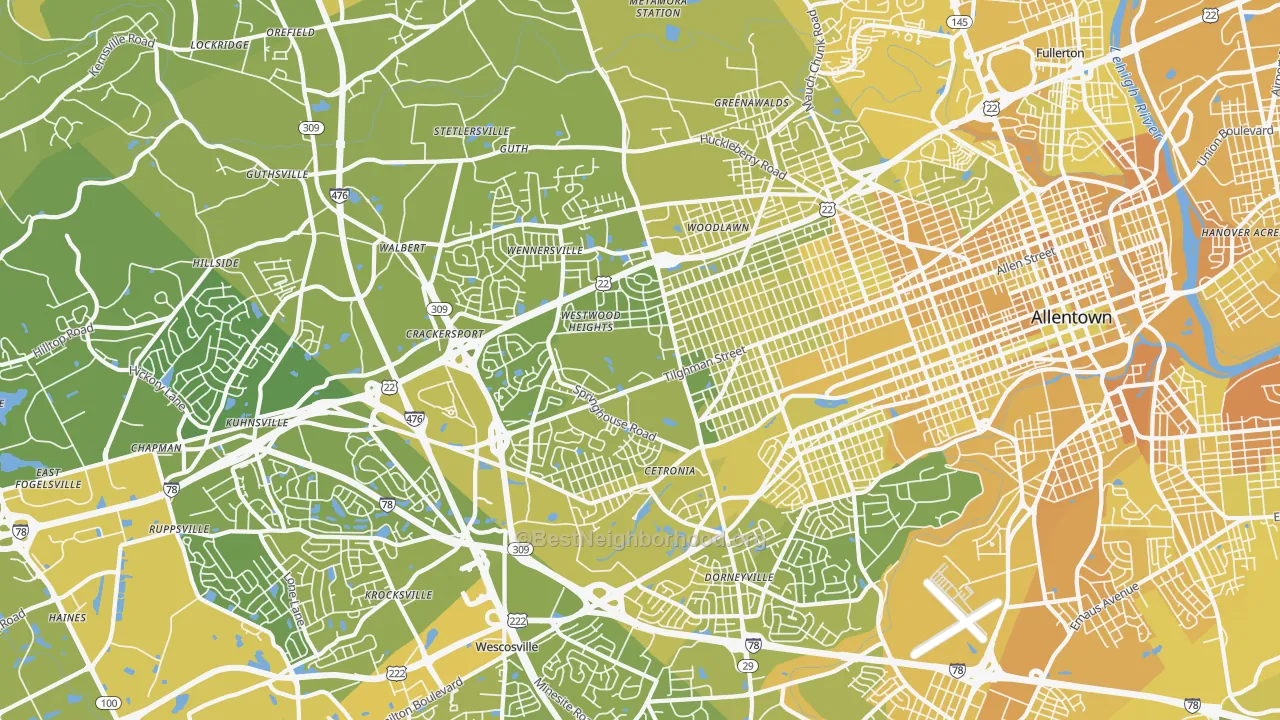 Map of the best neighborhoods in the 18104 area, with better matches in green and worse matches in red