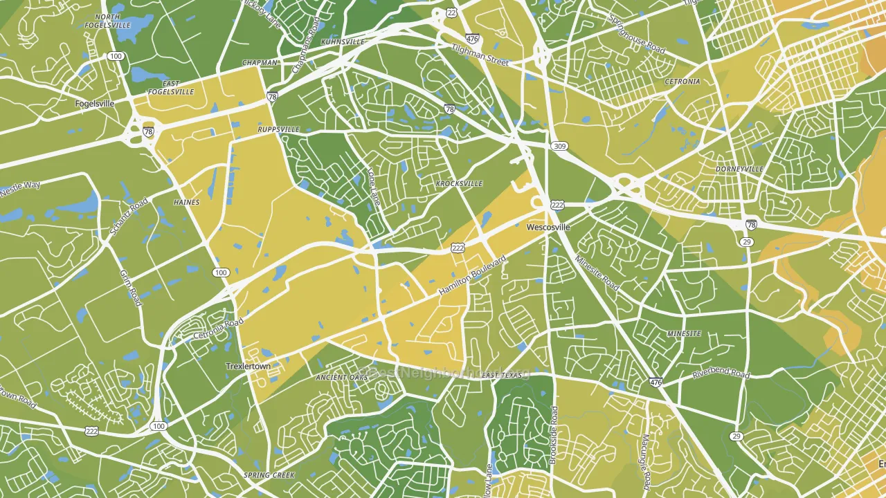 Map of the best neighborhoods in the 18106 area, with better matches in green and worse matches in red
