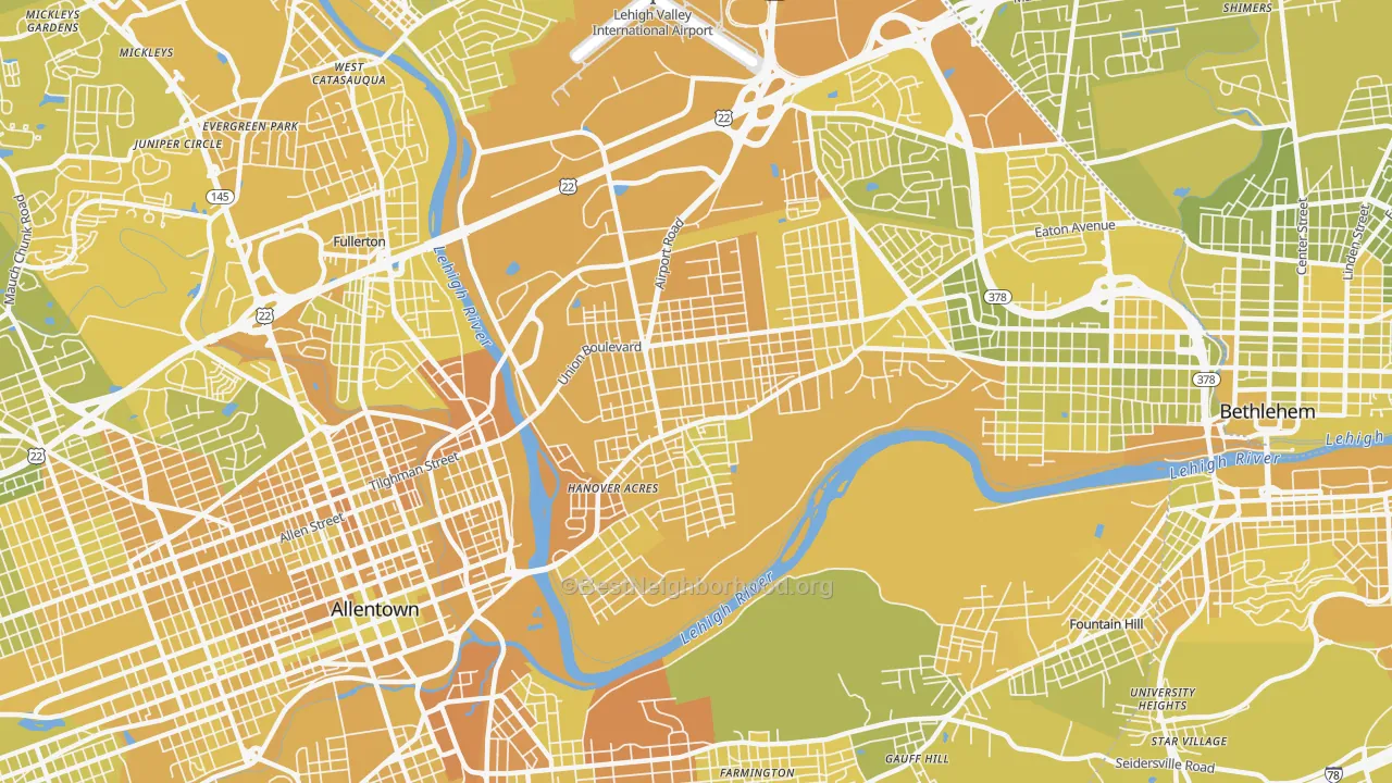 Map of the best neighborhoods in the 18109 area, with better matches in green and worse matches in red