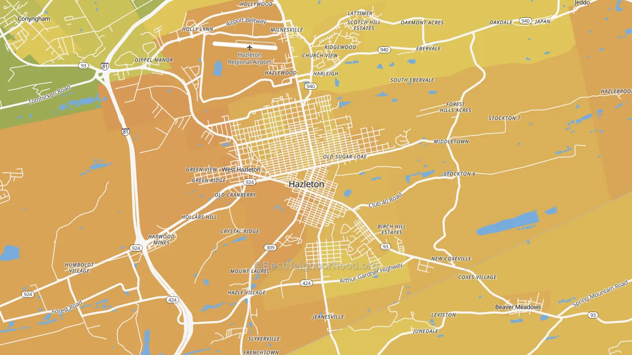 Map of the best neighborhoods in the 18201 area, with better matches in green and worse matches in red