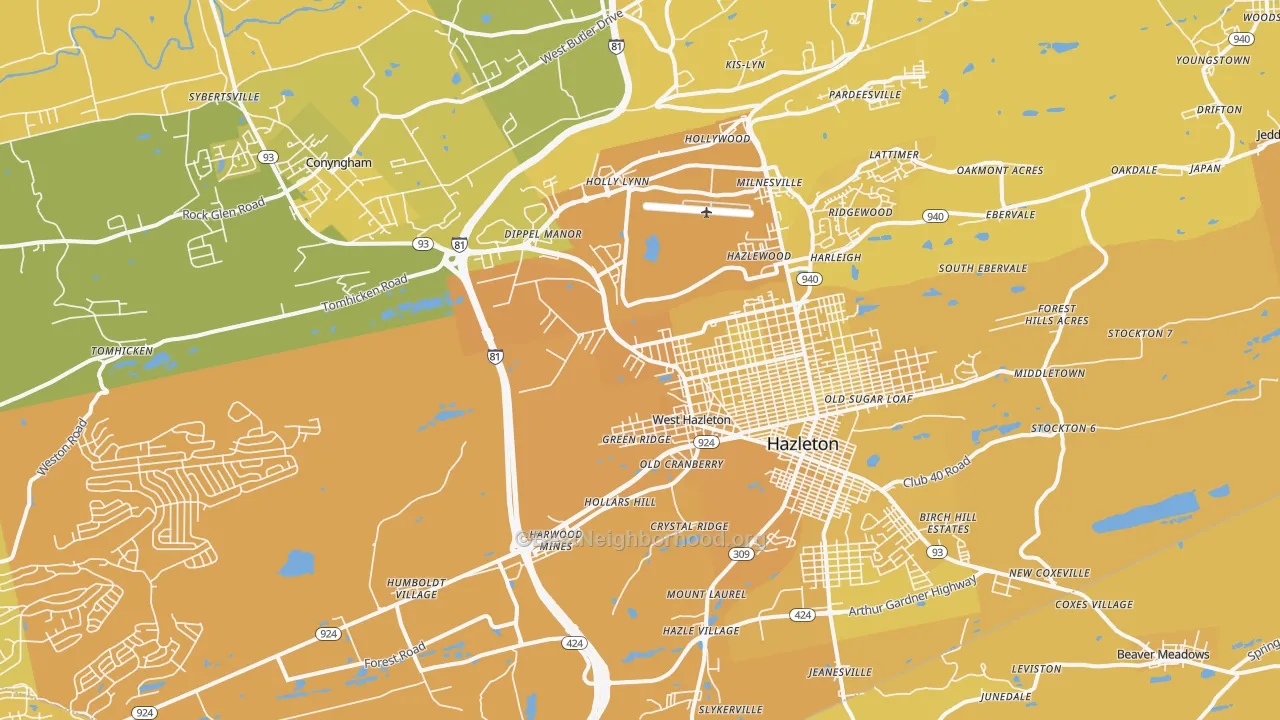 Map of the best neighborhoods in the 18202 area, with better matches in green and worse matches in red