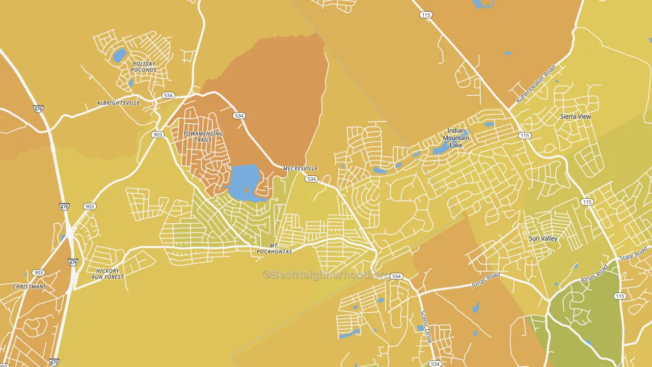 Map of the best neighborhoods in the 18210 area, with better matches in green and worse matches in red