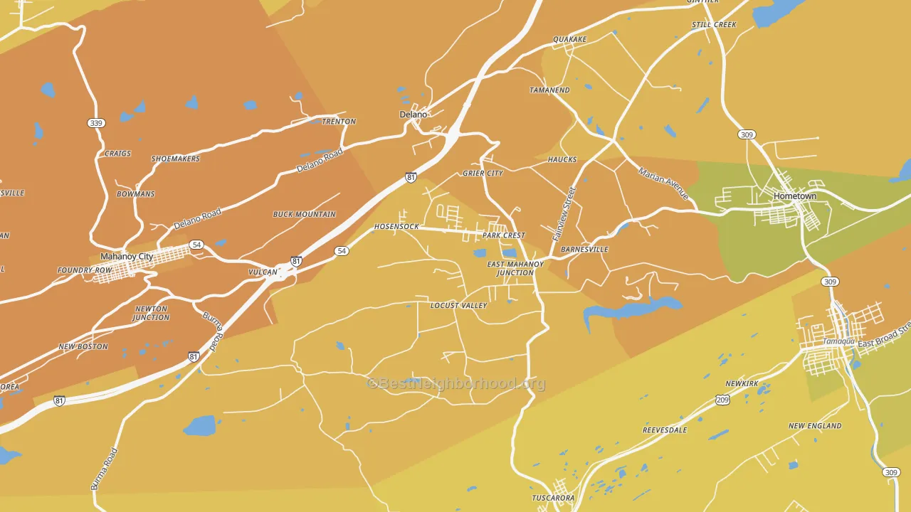 Map of the best neighborhoods in the 18214 area, with better matches in green and worse matches in red