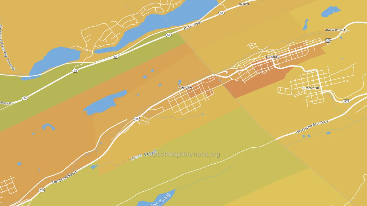 Map of the best neighborhoods in the 18218 area, with better matches in green and worse matches in red