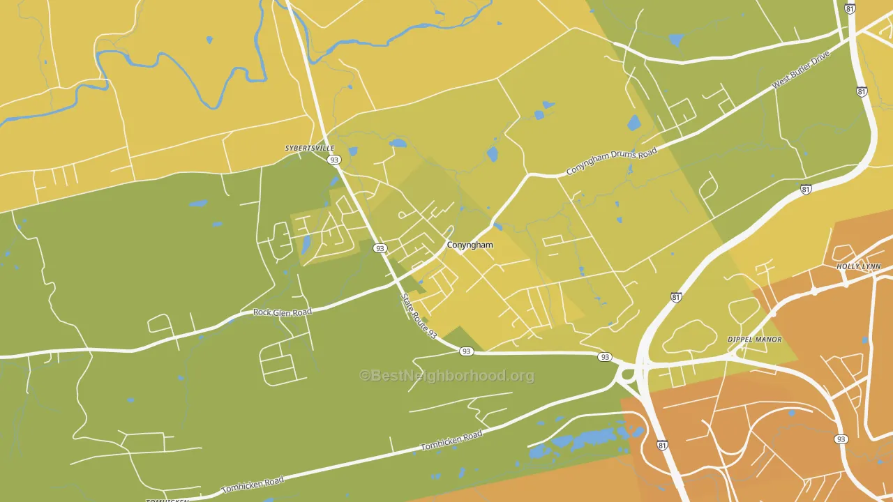 Map of the best neighborhoods in the 18219 area, with better matches in green and worse matches in red
